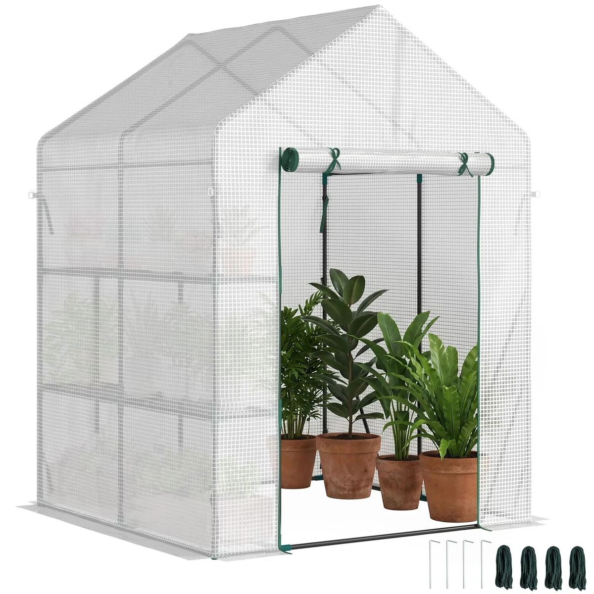 Outsunny Serra da Giardino in Acciaio e Copertura PE, Serra da Balcone per Piante con 2 Scaffali e Porta Avvolgibile, 143x143x195cm, Bianco