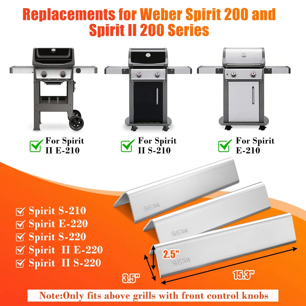 Hisencn 7635 - Set di 3 Barre aromatizzanti per Weber Spirit E210, S210, E220, S220 con manopole di Controllo Frontale