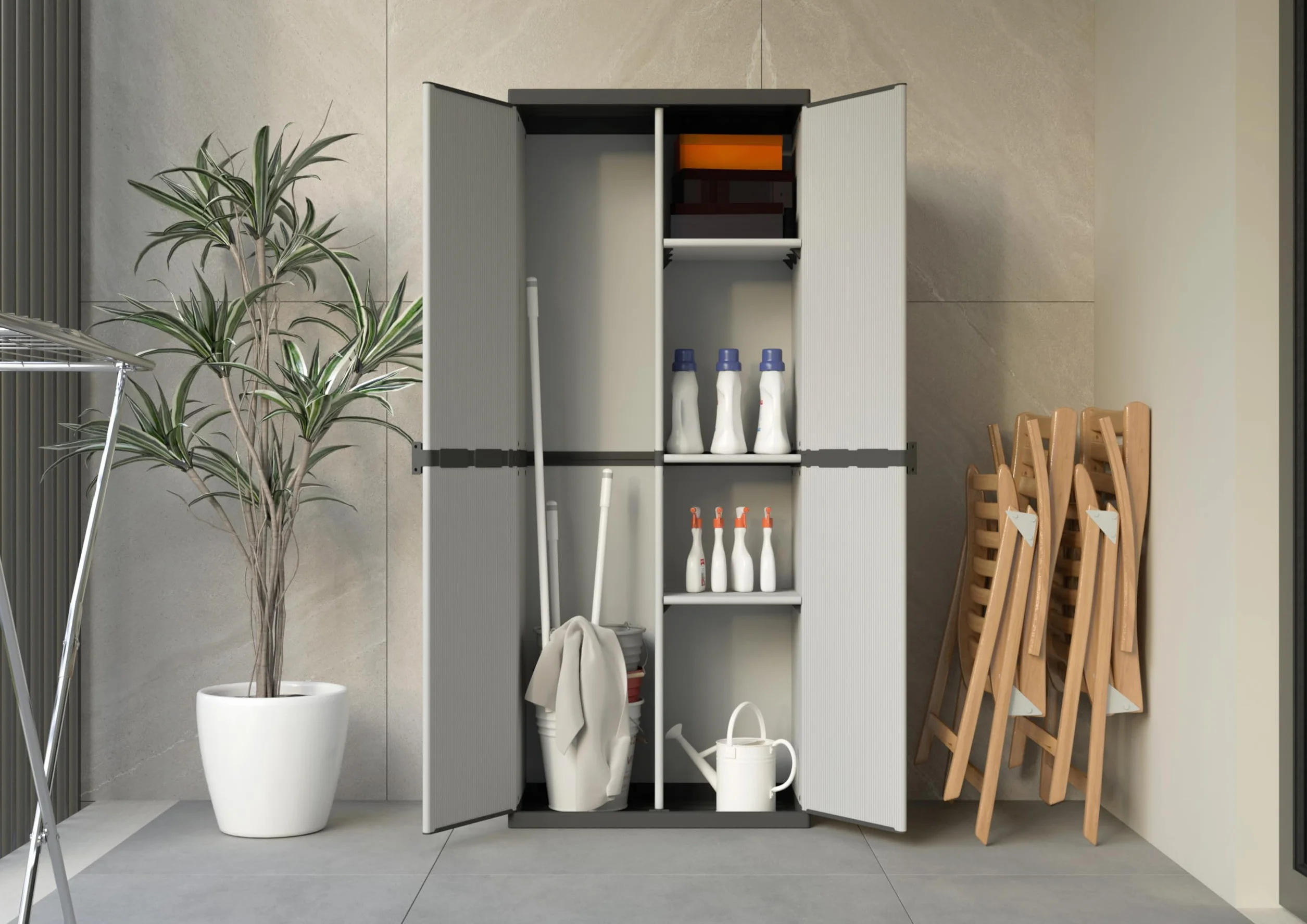 Armadio Portascope Alto a 2 Ante in resina PVC e PP | per Interno/Esterno con ripiani regolabili in altezza, 68 x 39.5 x 168 cm
