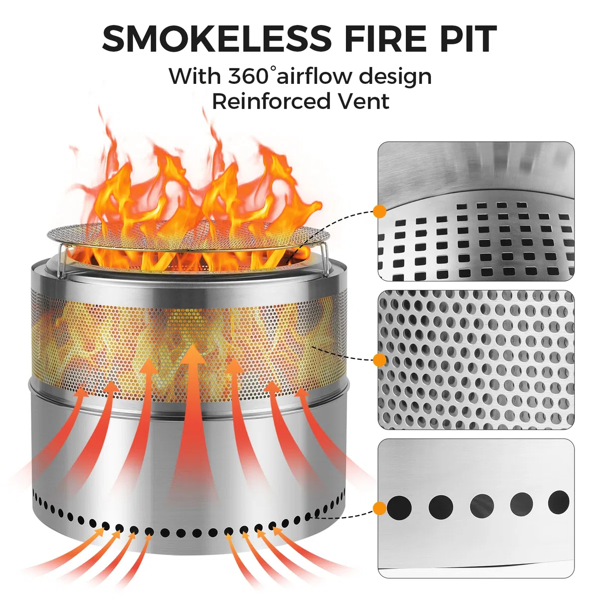 SMOOL Braciere senza fumo da 50 cm, braciere portatile per campeggio, braciere da esterno in acciaio inox, barbecue per patio e giardino, stufa a legna con padella per cenere rimovibile, borsa per il