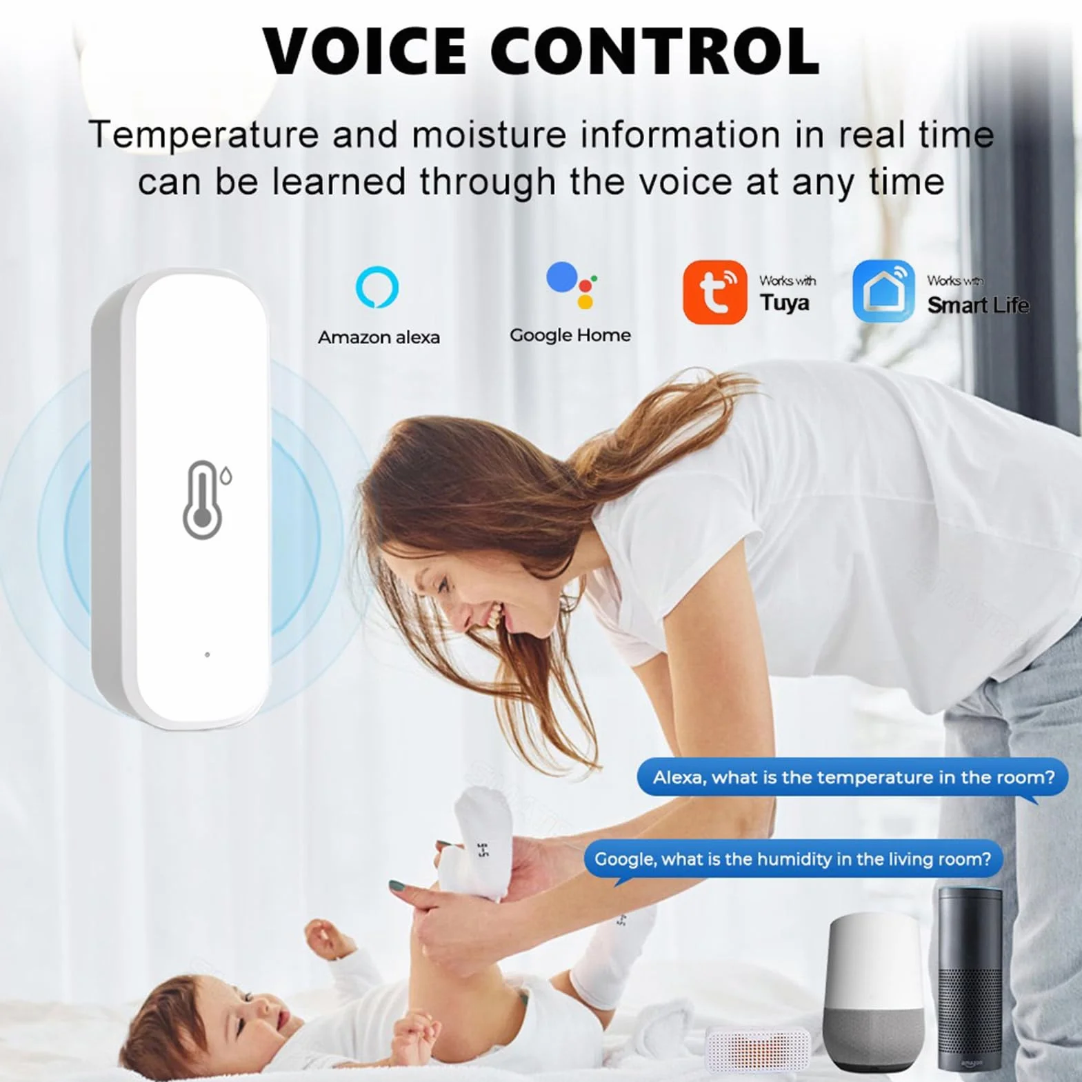 Mengshen Confezione da 2 sensori di umidità WiFi intelligenti per monitor della temperatura interna con avviso di notifica compatibili per Alexa Google Home Nursery Basement