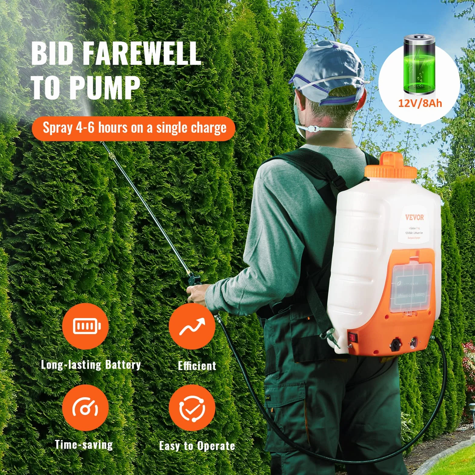 VEVOR Nebulizzatore Giardino 15L a Batteria da Spalla Serbatoio Ugelli Sostituibili 8 Pezzi con Bacchette per Irrigazione Prato Orto Serra Piante, Irroratrice Spruzzatrice a Zaino a Pressione 6,2bar