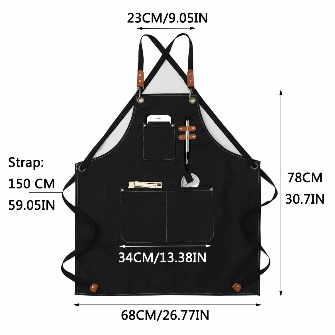 Grembiule da cucina in tela (2 pezzi), grembiule da lavoro con 3 tasche, tracolla regolabile, grembiule da barbecue, impermeabile, professionale, per uomo e donna, per parrucchiere, cucina,