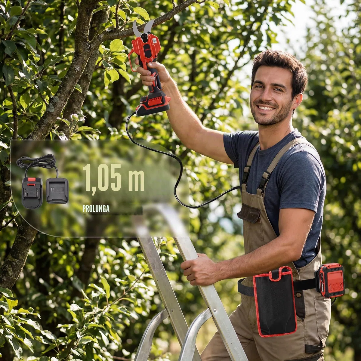 Forbici Potatura a Batteria con Asta 3m, 50 mm Forbice Potatura a Batteria 21V 2 * 4Ah, Cavo prolunga 1,05 m, Portatile Cesoie Potatura per Potatura con Display Per frutteti/giardini/parchi