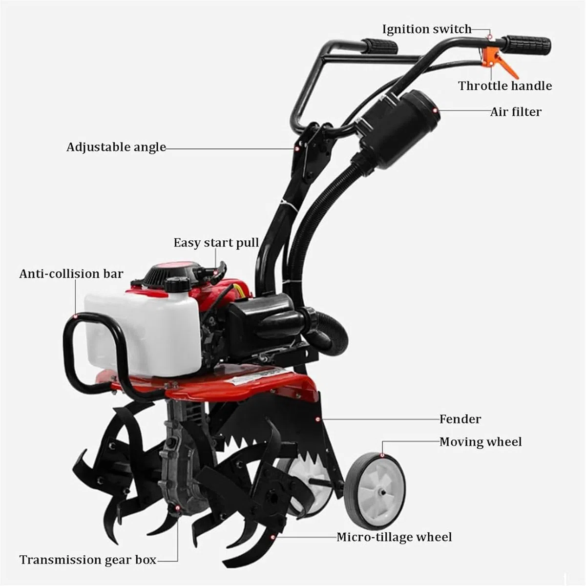 Motozappa 4 tempi 55cc,potenza 2.2KW,larghezza di lavoro 400mm,profondità di lavoro 200mm,per Orto Fioriera Lavorazione di Campi,Velocità di rotazione 10500 giri/min