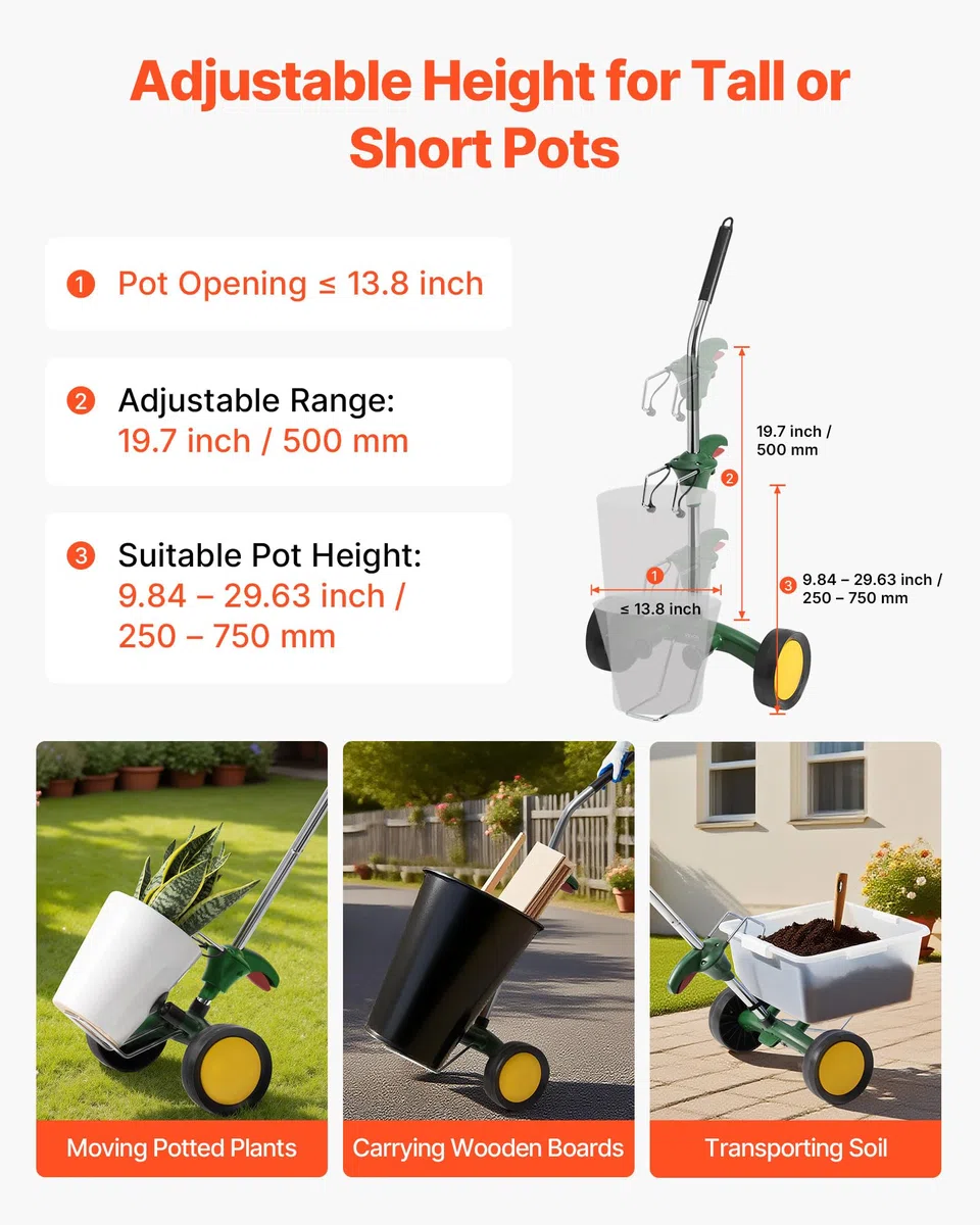 VEVOR Carrello Porta Piante in Vaso da Giardino, Carrello per Traslochi di Vasi Trasporta Piante con Braccio ad Artiglio Regolabile, capacità di Carico 65 kg, per Giardinaggio