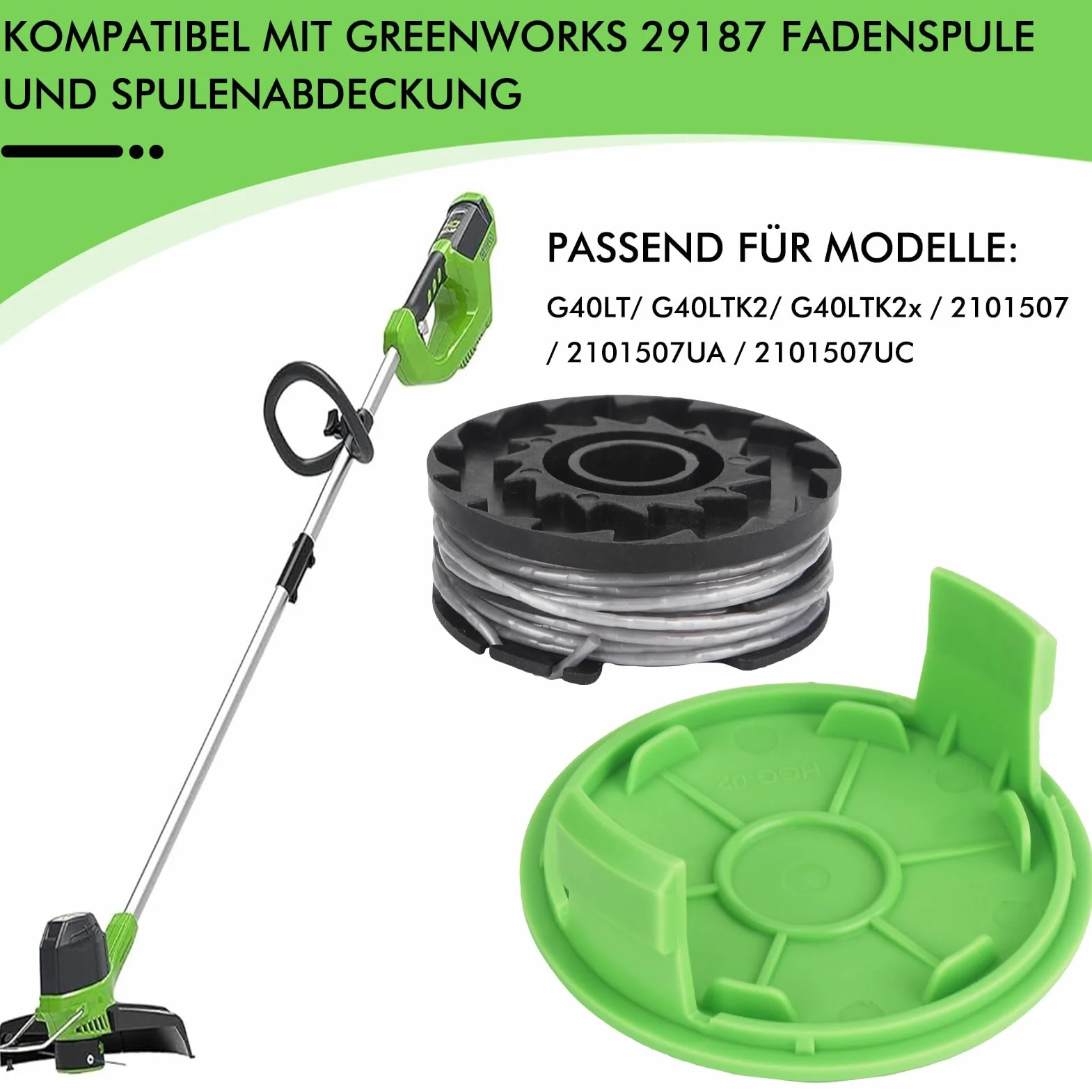Bobina di filo da 8,3 m e 1,65 mm, compatibile con decespugliatore cordless Greenworks 40V G40LT/ G40LTK2/ G40LTK2x / 2101507/2101507UA/2101507UC (6 bobine + 2 coperture bobina)