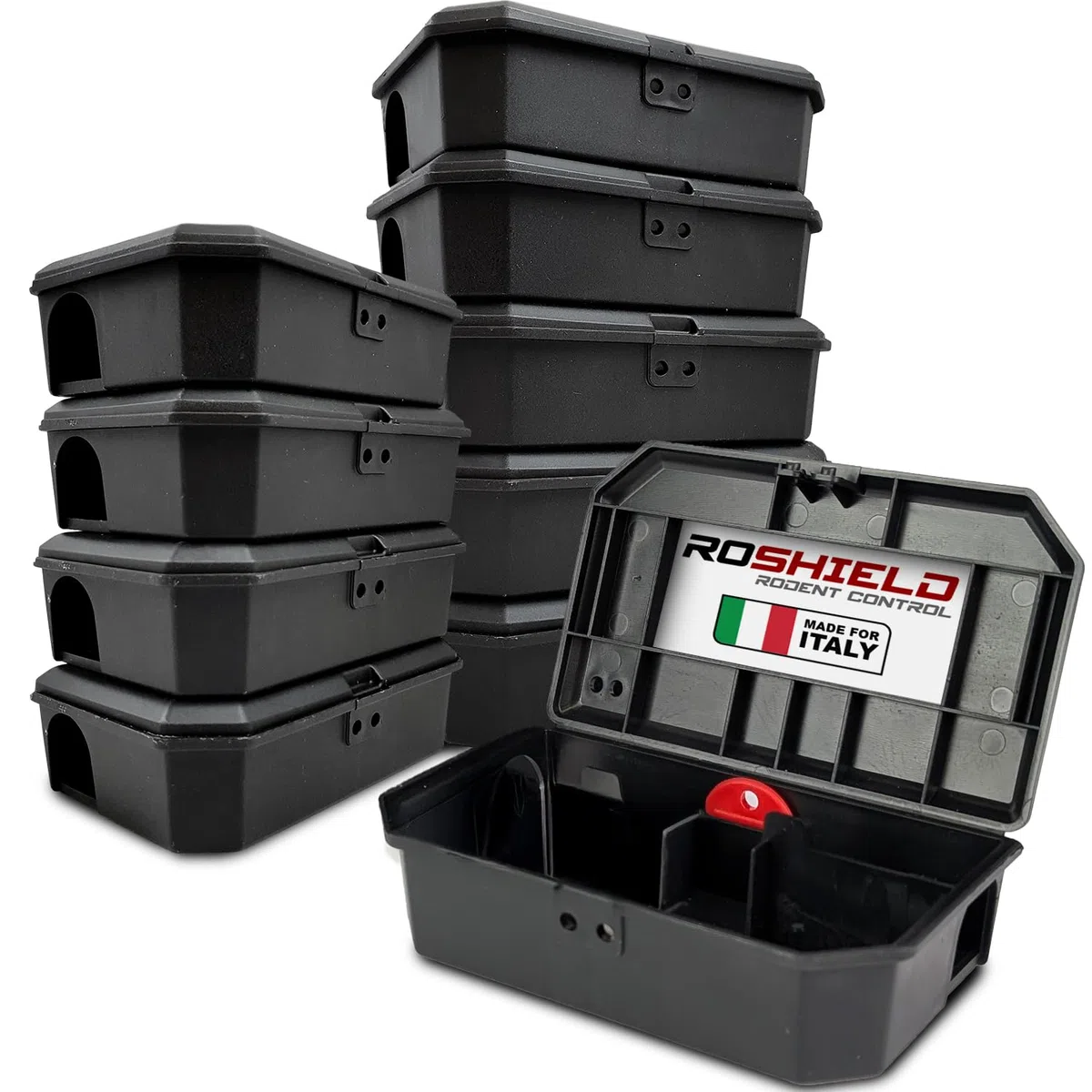 Roshield – Set di 10 scatole nere per esche per topi piccoli, antimanomissione, sicure per bambini e animali domestici (vuote, esche per roditori non incluse, non adatte ai ratti)