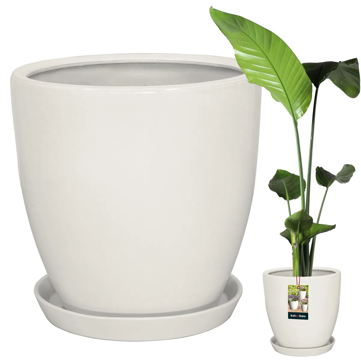 KOTARBAU Vaso da fiori con piattino in ceramica smaltata, diametro 31 cm, altezza 30 cm, grande vaso per cactus