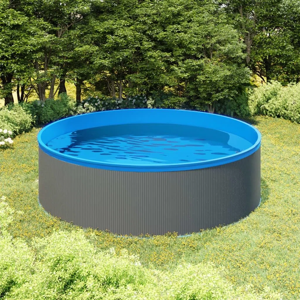 Piscina per bambini con skimmer sospeso e pompa, 350 x 90 cm, grigio, parete in acciaio con rivestimento in PVC, piscina fuori terra per piscina da giardino, pulizia e tempo libero, estate