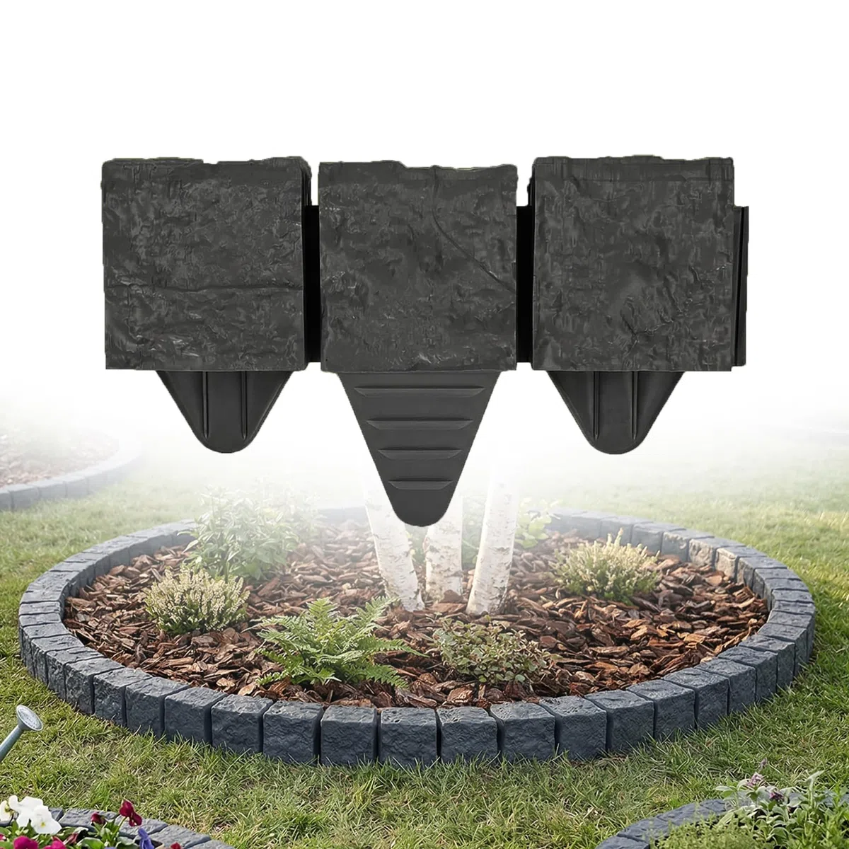 Bordo per prato, effetto granito, 1,2 m, antracite, in plastica, 10 x 10 x 10 cm, per aiuola, recinzione da giardino, recinzione per aiuola, resistente alle intemperie