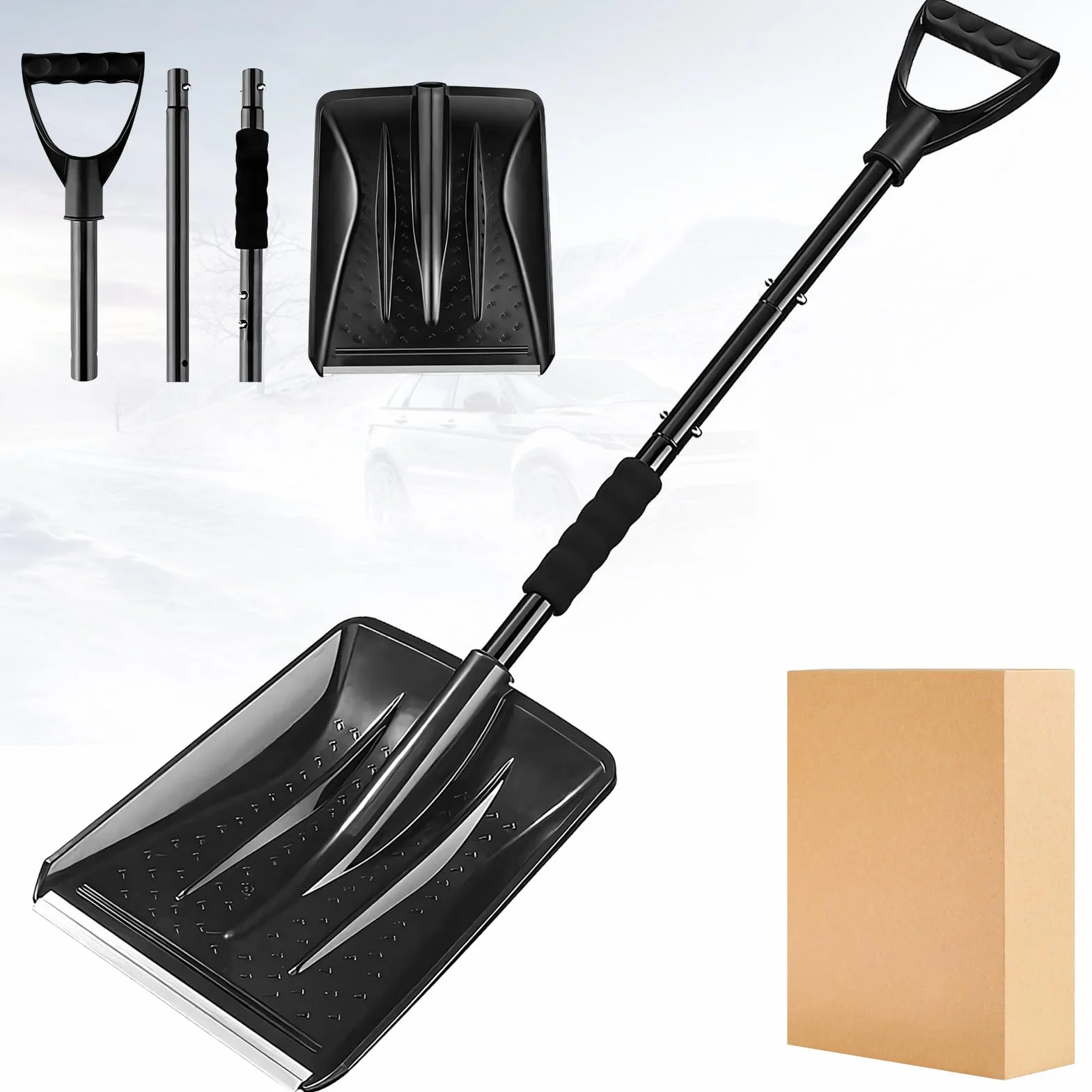 Pala Neve con Asta Smontabile & Regolabile, Pala da Neve Robusta e Durevole con Manico Antiscivolo Ergonomico, Attrezzo Multifunzionale Portatile per Giardinaggio, Accumulo Neve, Campeggio e Maltempo