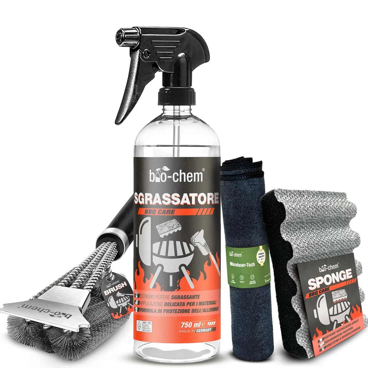 bio-chem - Detergente per Barbecue 750ml + Spazzola, Panno e Spugna - Spray per BBQ Pronto all'Uso, Ideale per L'Estate - Pulitore sgrassante per Griglie di Barbecue