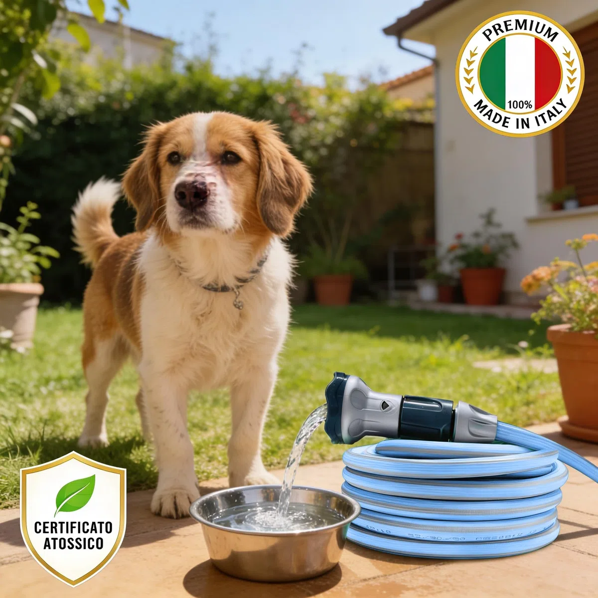Idroeasy, Tubo Acqua da Giardino Estensibile 10 Metri, Diametro 5/8", Tubo Irrigazione allungabile x3, Anti Nodo e Anti Torsione, Atossico, Design Soft Pastel Blue, Tubo Giardino Made In Italy