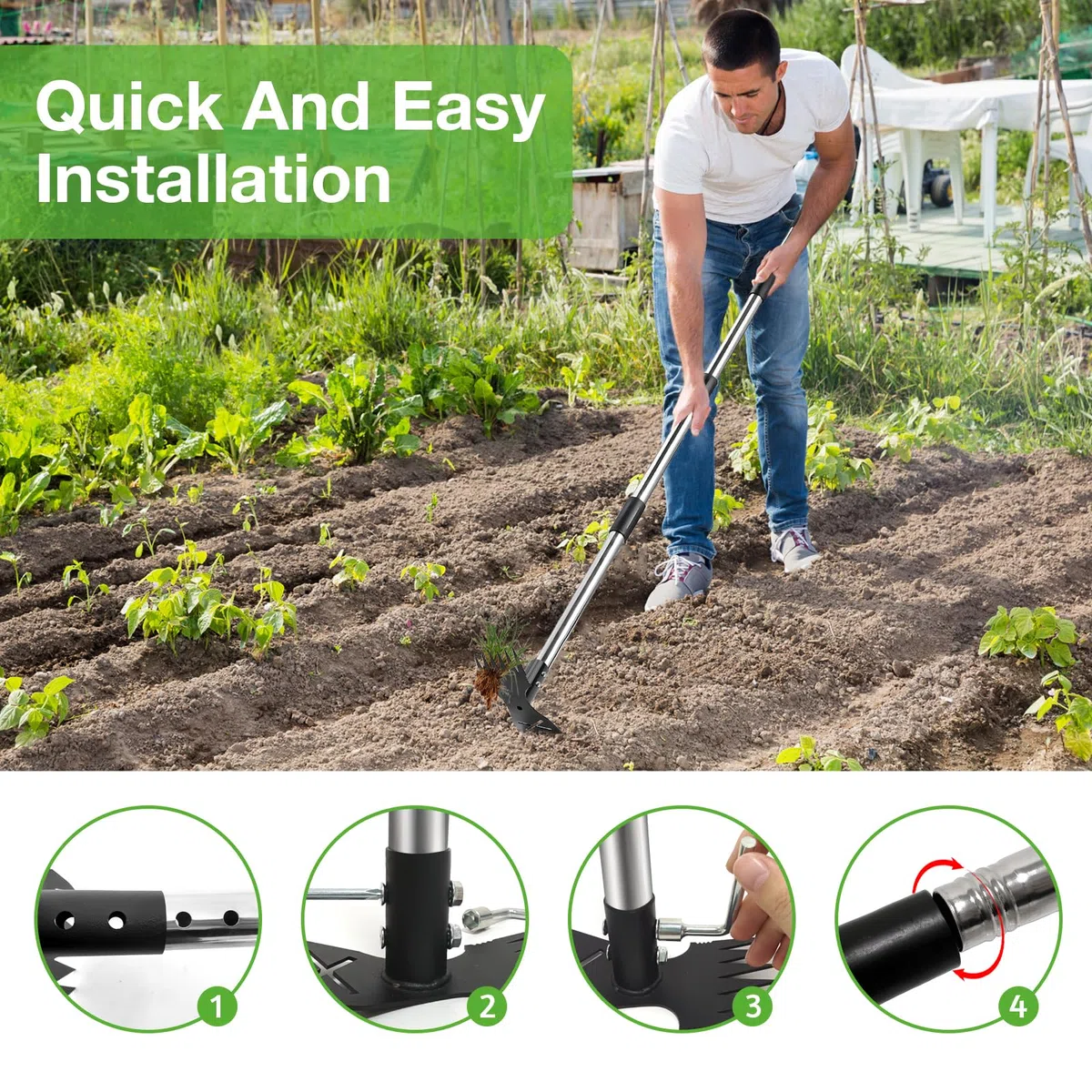 Attrezzo per Estirpare le Erbacce, Rastrello Manuale 2 in 1 e Zappa da Giardino Rastrello Sarchiatore Estirpatore Erbacce Manuale con Manico Lungo per Giardino Prato Patio