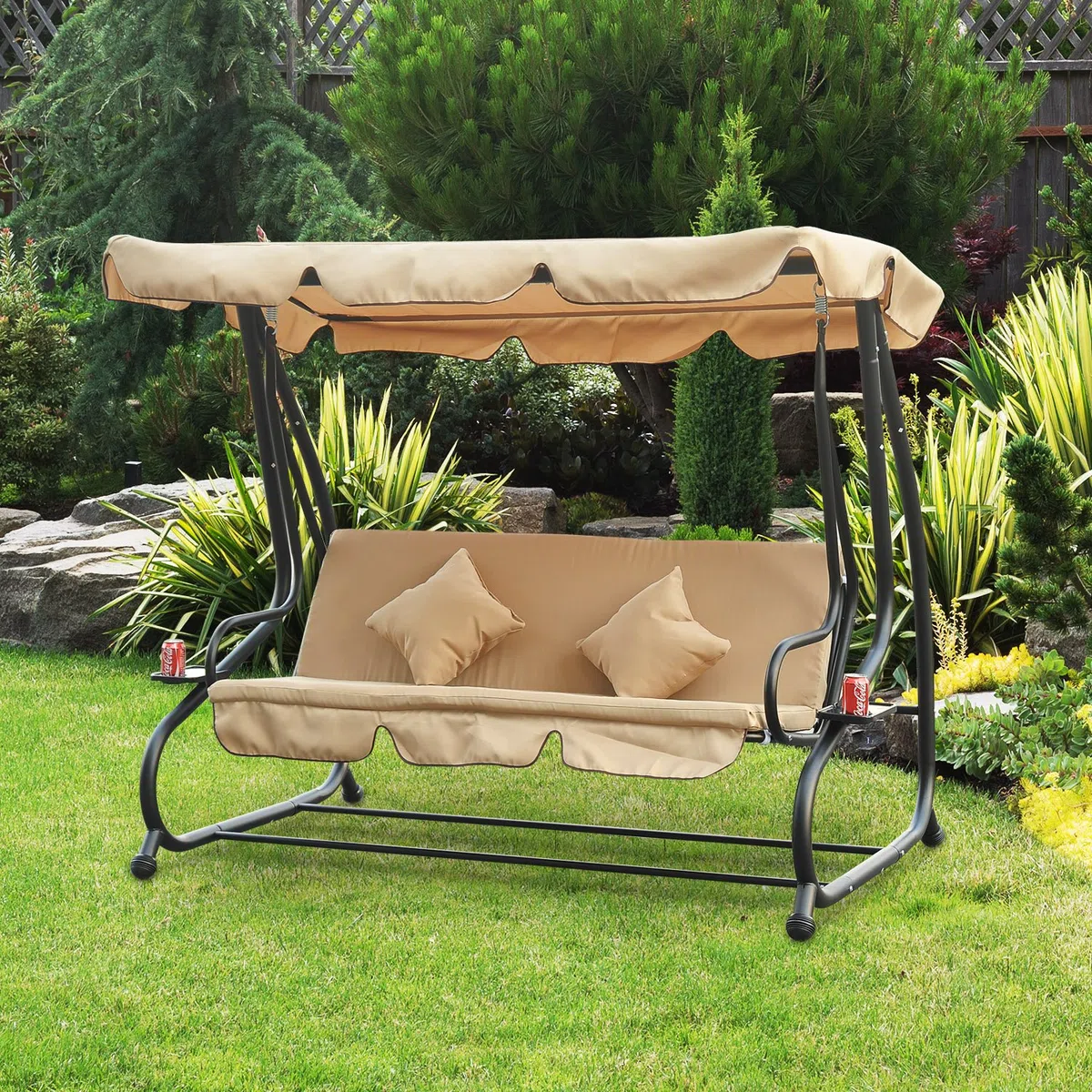 Dondolo da giardino a 3 posti, 200 x 120 x 164 cm, 2 cuscini, reclinabile, con ombrellone