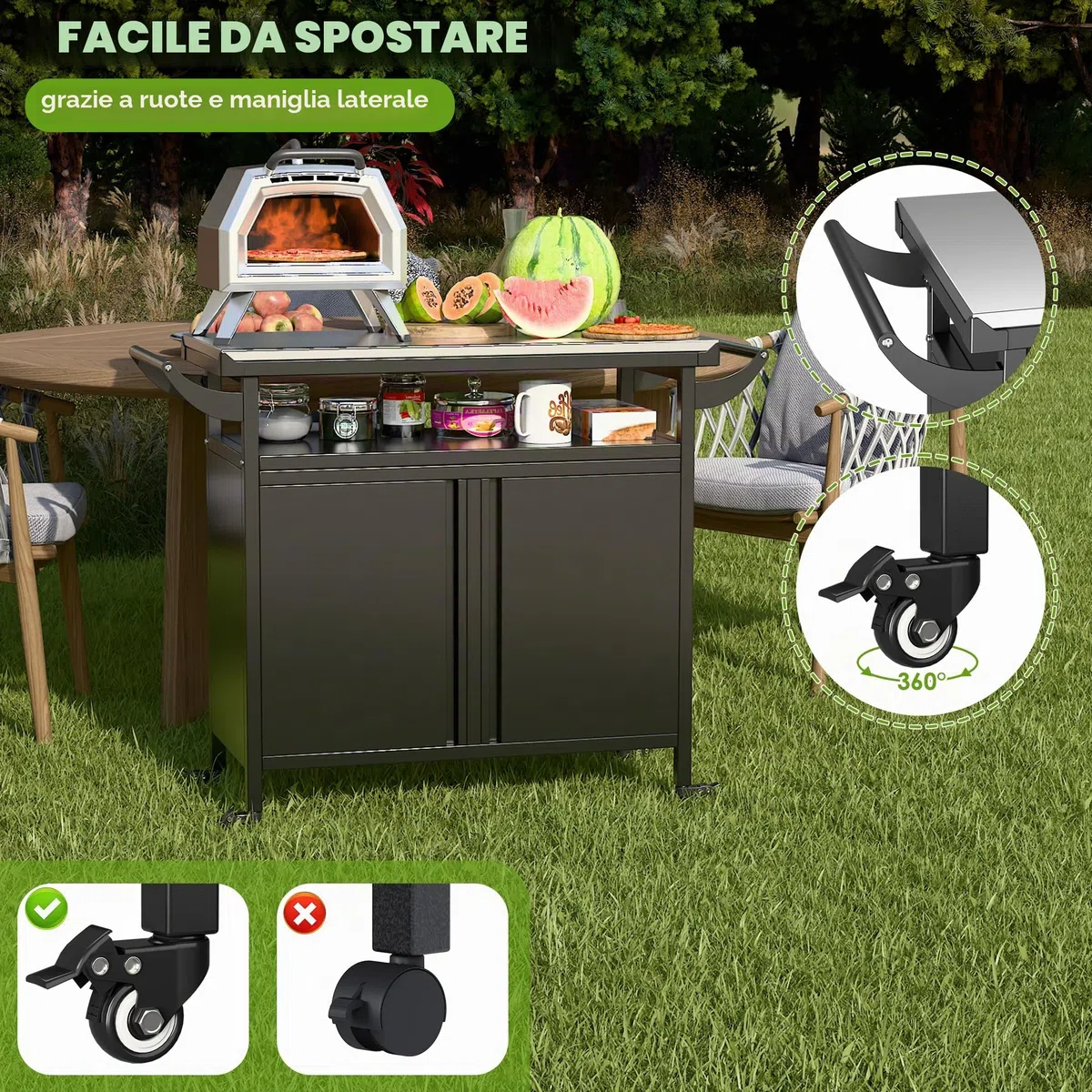 SUPEER Carrello per barbecue, tavolo per pizza con 4 ruote, 304 piani in acciaio inox, carrello per barbecue, carrello da servizio all'aperto, trolley da giardino