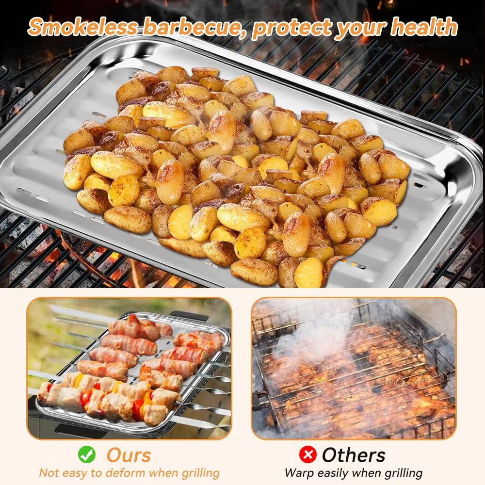 2 vassoi per barbecue in acciaio inox con fori, vassoio per barbecue con pinza, vassoi da forno per grigliare verdure, carne e pesce