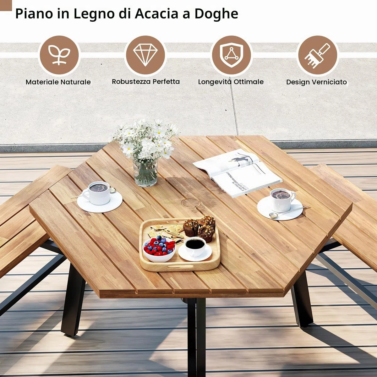 GIANTEX Tavolo da Picnic per 6 Persone, Tavolo da Giardino in Legno di Acacia con Foro per Ombrellone e 3 Panche Integrate, Set da Pranzo Resistente alle Intemperie per Terrazza, Cortile, Giardino
