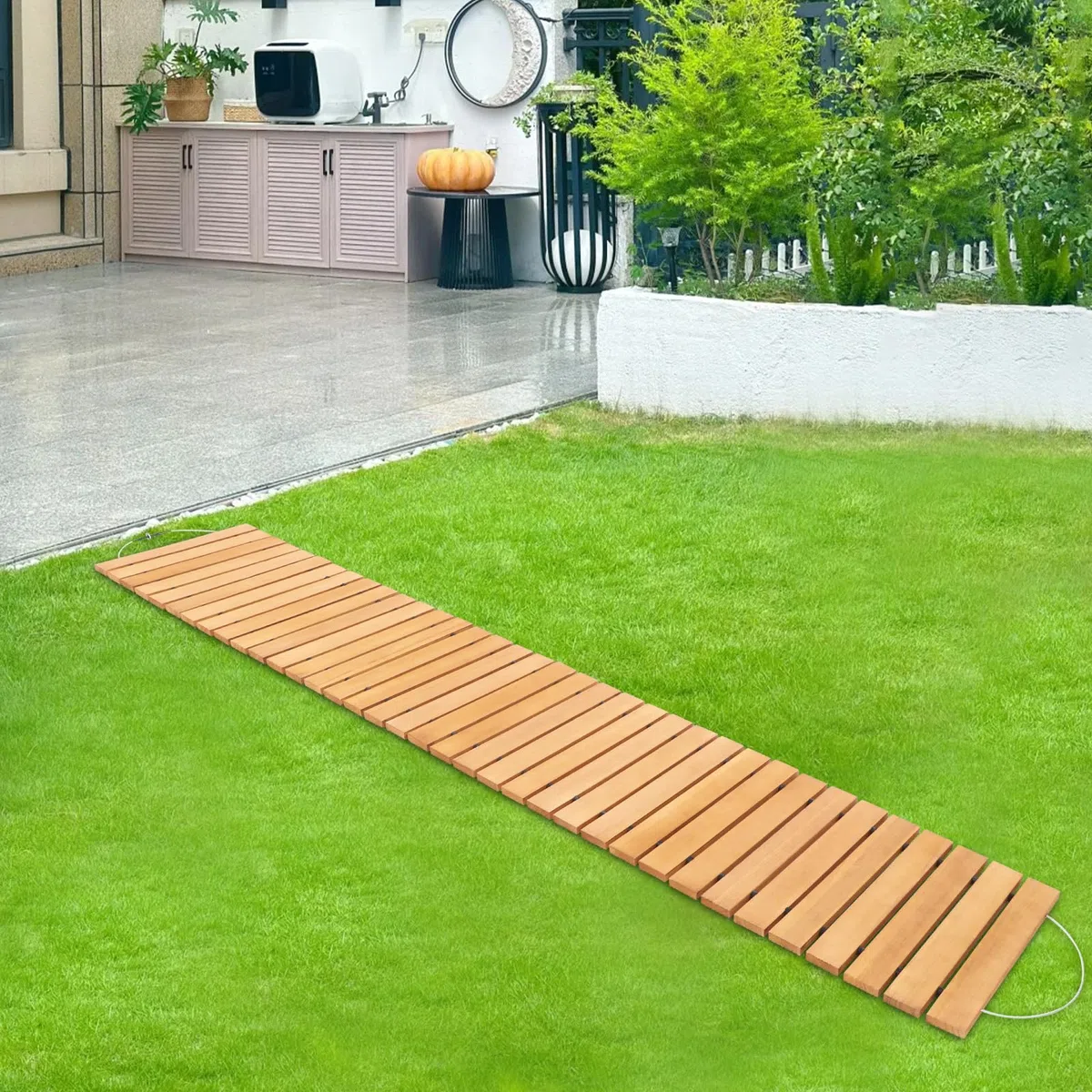 Vialetto da giardino in legno, arrotolabile, per il giardino | 243 x 43 cm, gradino in legno, per giardino, cortile, terrazza, pavimento