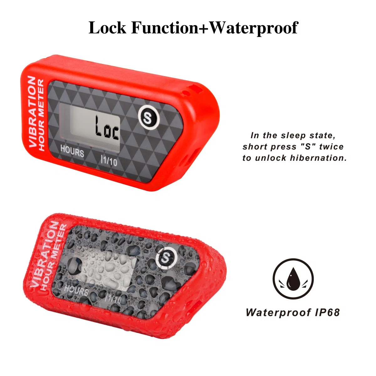 NInE-ROnG LCD Contaore a vibrazione impermeabile IP68 per motori, Rosso | Senza cablaggio, ore totali non azzerabili, timer TMR azzerabile, 3 livelli di sensibilità, blocco per trasporto, 99.999 h