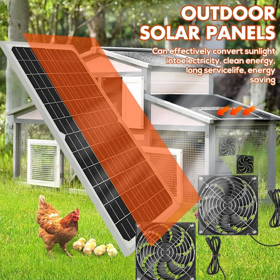 Ventilatore con Pannello Solare 16W, Kit Ventola per Pannello Solare, 2 Ventole Impermeabili, Scarico Finestre per Piccoli Pollai, Serre, Capannoni