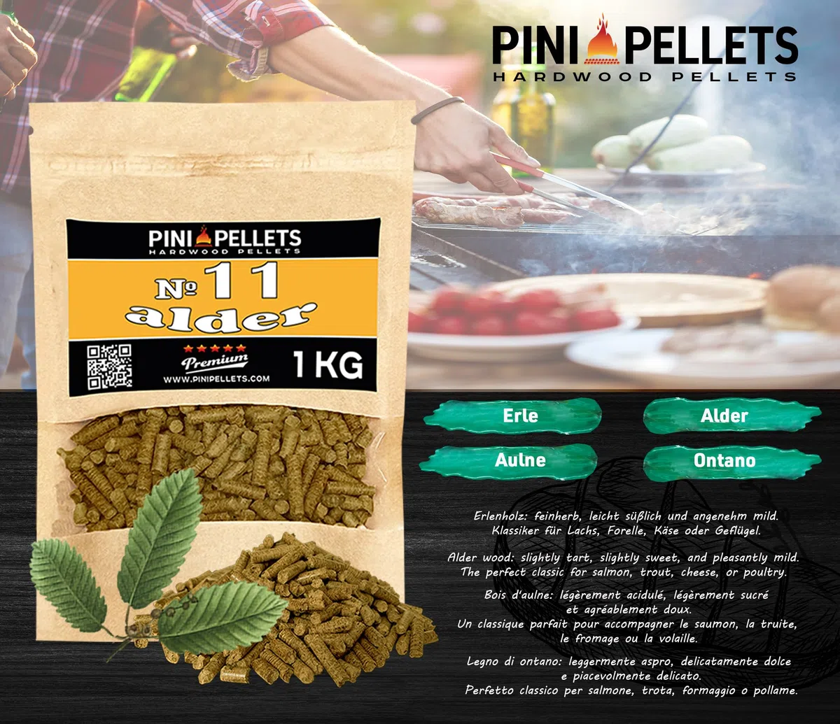 PINI Set di pellet in legno naturale, 4 x 1 kg, per affumicatore a scelta tra 4 varietà – pellet di faggio n. 5, pellet di ciliegia n. 8, pellet di mela n. 9, Erlenpellets Nr 11 – legno puro