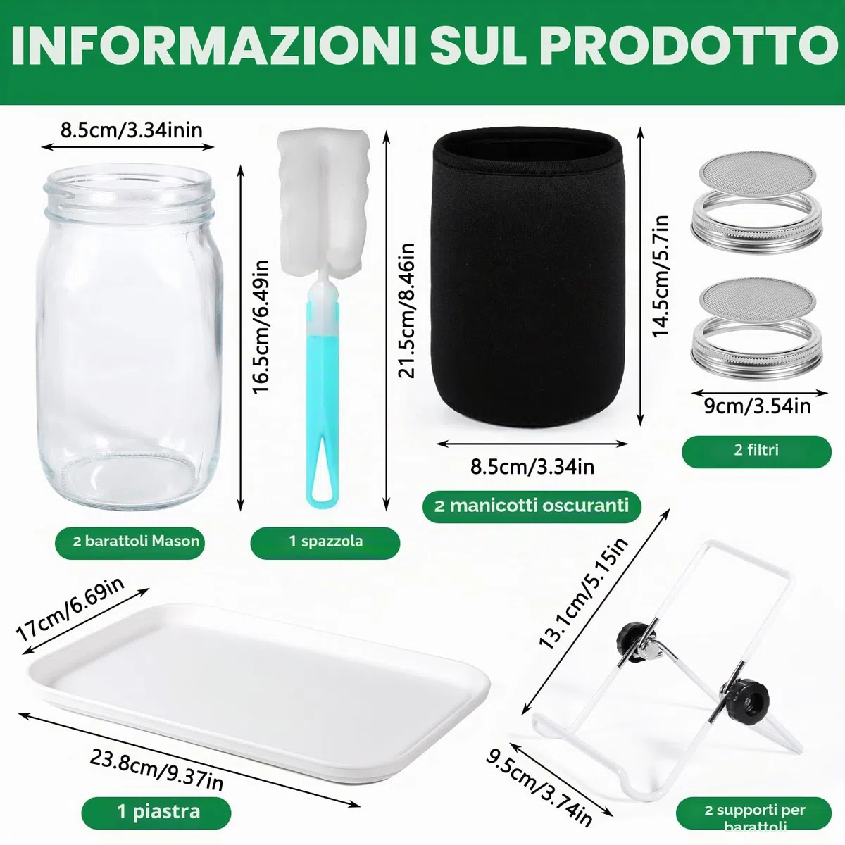 Barattolo Germogliatore Set,2 1000ml Germogliatore in Vetro, 2 Coperture, 2 Supporti e 1 Vassoio,2 Manicotti Oscuranti,1 Spazzola,Kit di Barattoli per Germogliamento di Semi per Broccoli Germ