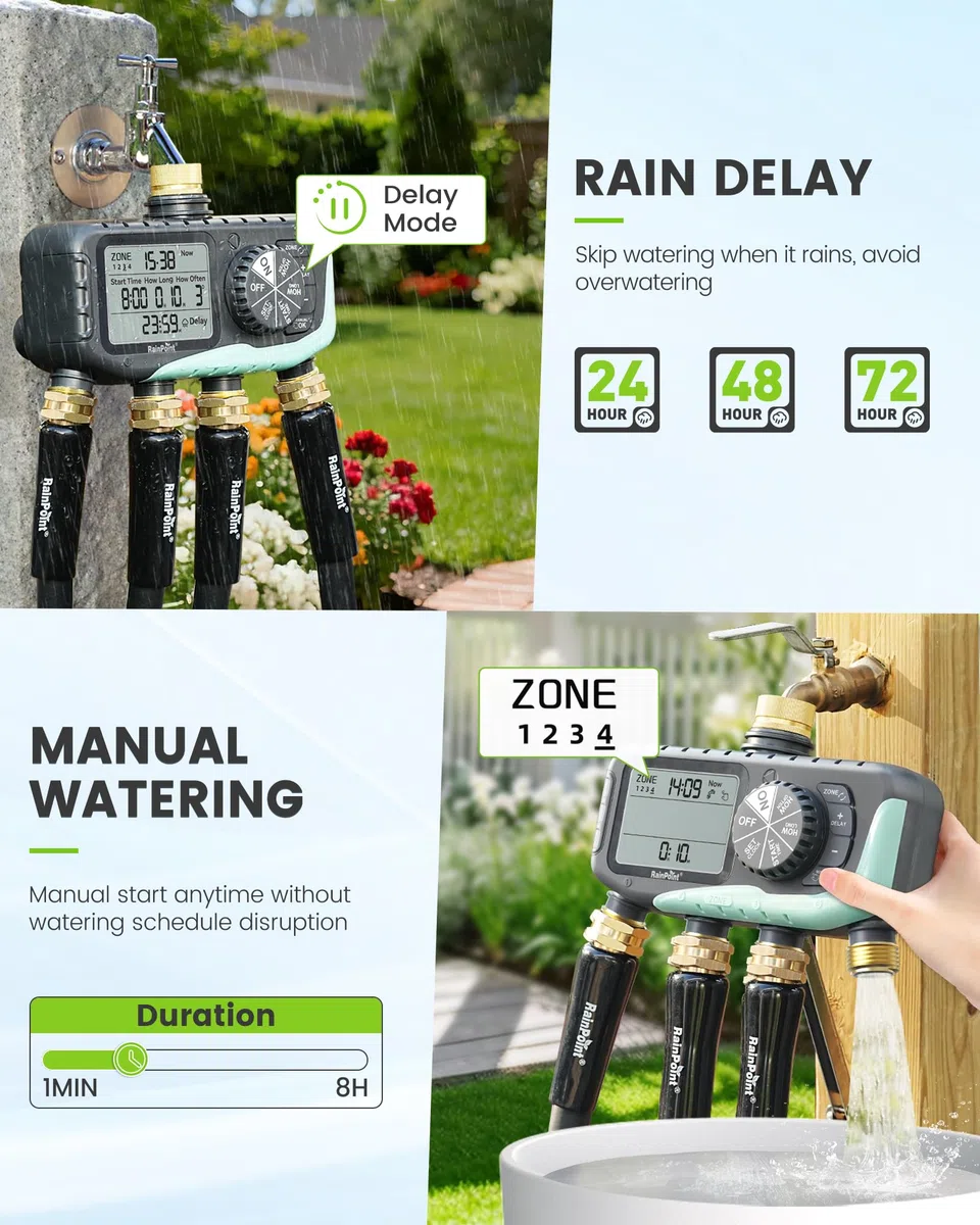 RAINPOINT Timer per irrigazione a 4 zone, programmabile, per tubo flessibile con ritardo della pioggia/sistema di irrigazione manuale/automatico, irrigazione digitale per cortile, prato