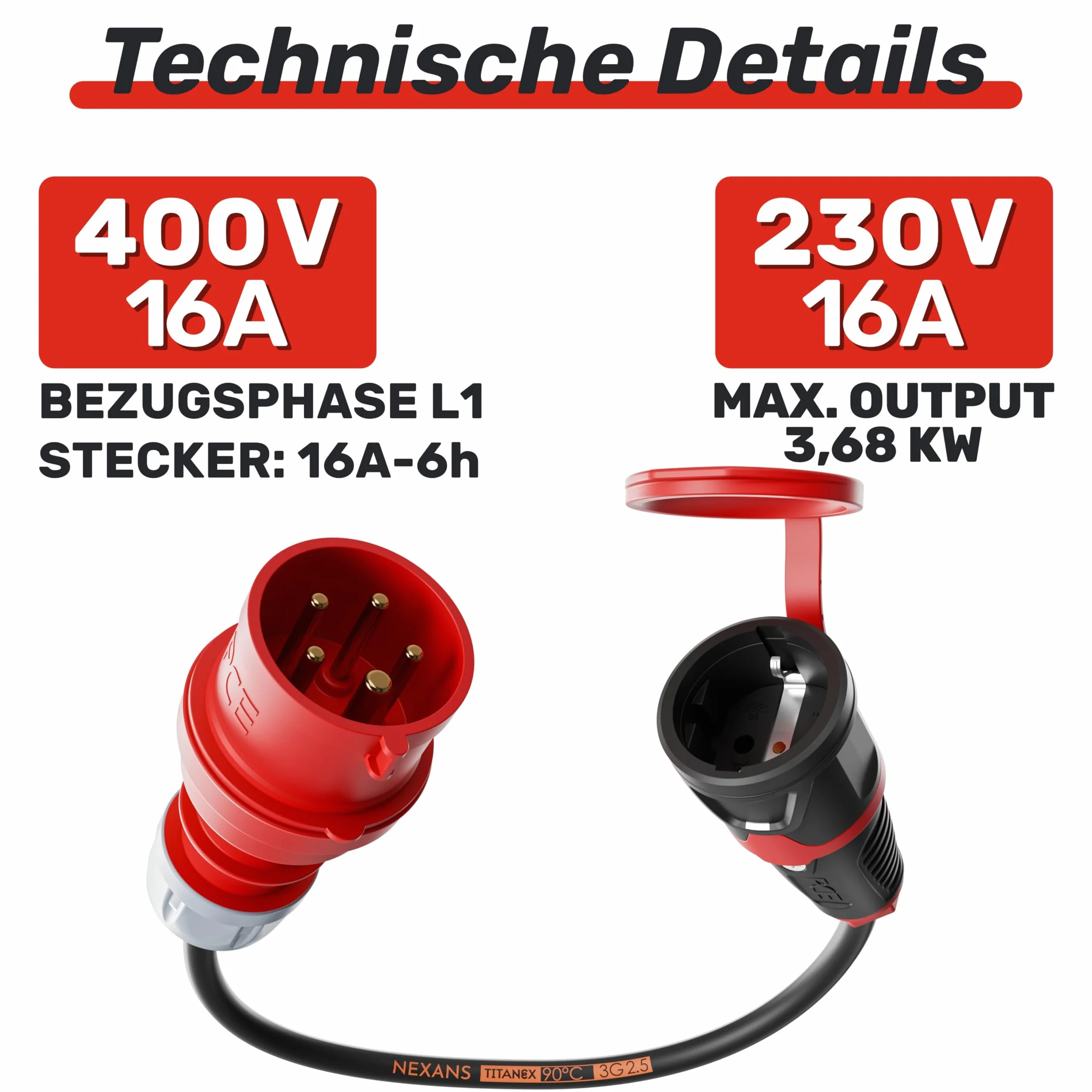 NW Powersolutions NWP - Adattatore 16 A, 400 V, spina ad alta corrente su presa Schuko da 230 V, IP44-3 x 2,5 mm²