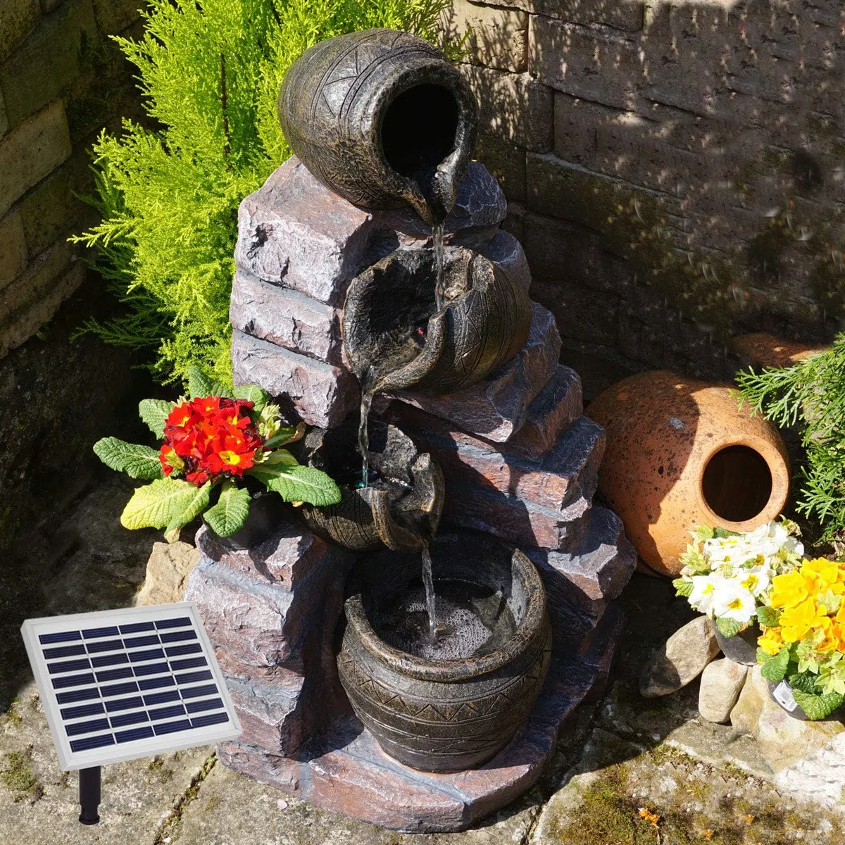 Fontana da giardino, fontana decorativa con illuminazione a cascata, gioco d'acqua per giardino, laghetto, terrazza, laghetto, balcone, molto decorativa – funzionamento a energia solare ibrida