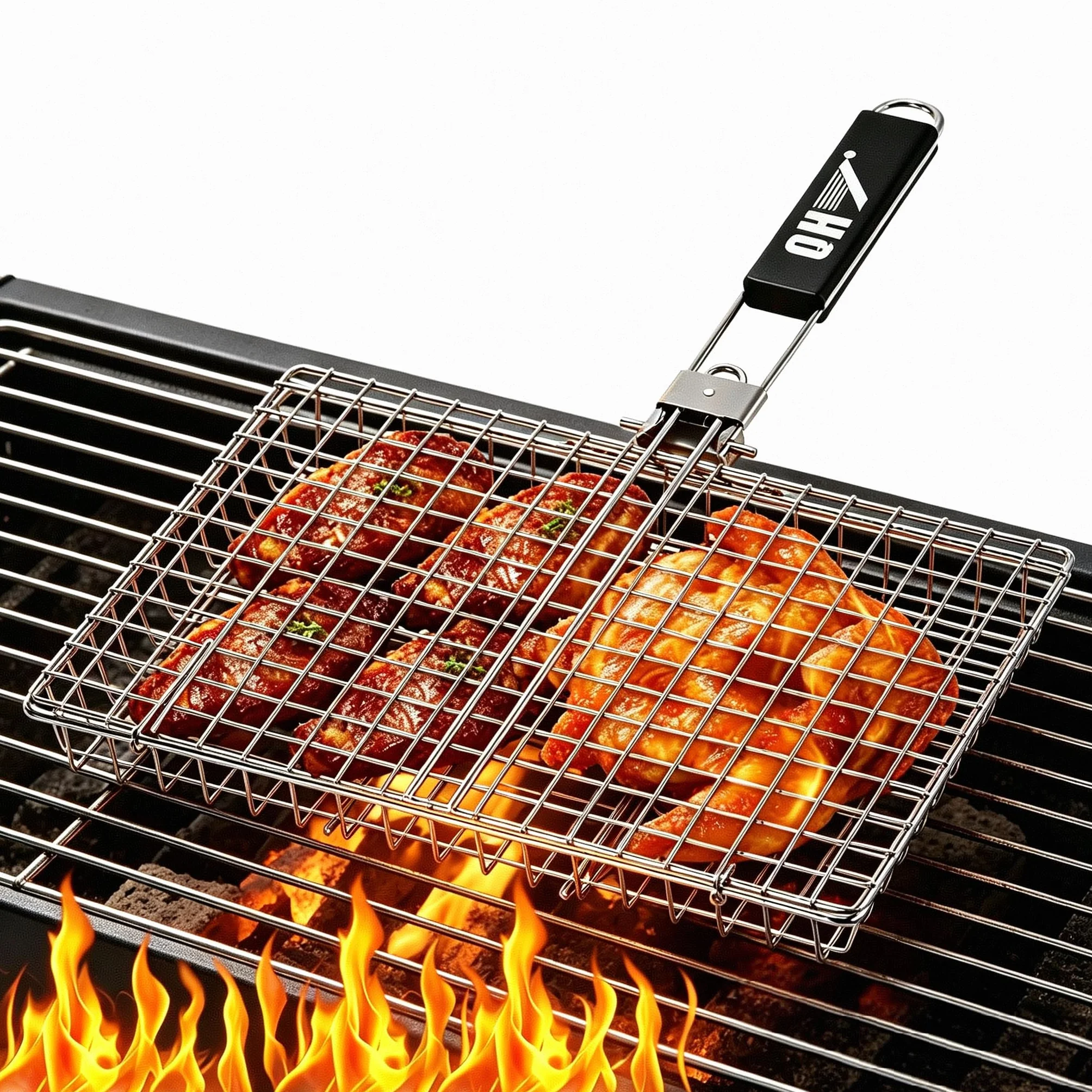 Cestino da cucina in acciaio inox per barbecue, pieghevole, portatile, con manico rimovibile, rete antiaderente per pesce, verdure, gamberetti