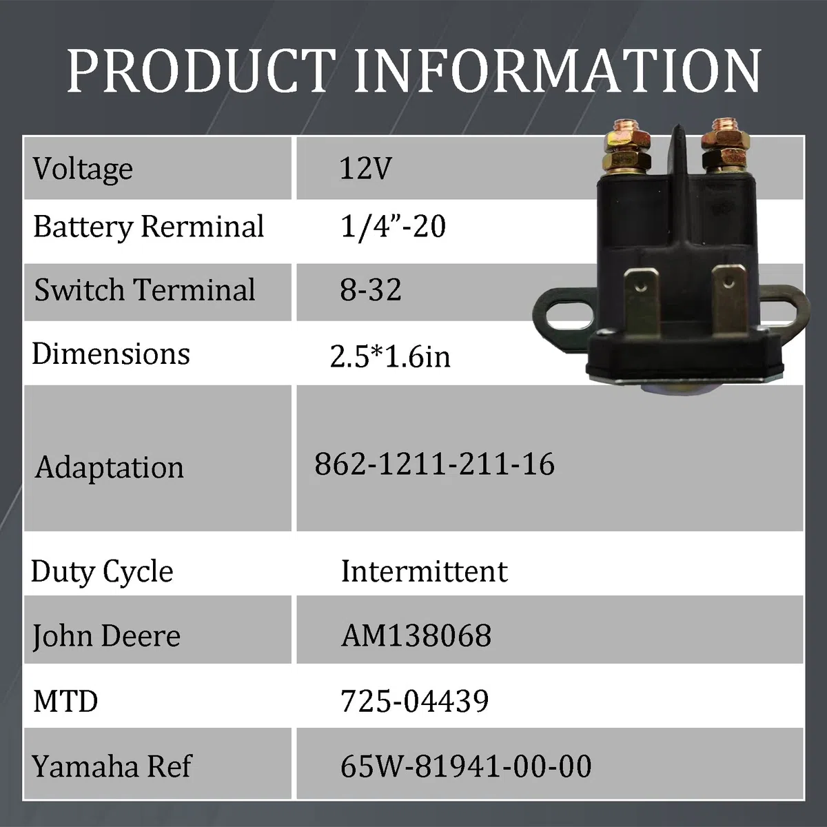 2 relè solenoide, 862-1211-211-16, relè solenoide di avviamento, 12V, per Trombetta Cub Cadet AM138068 725-04439 LA100 LA105 LA110 LA115 LA120 LA120 LA115 25
