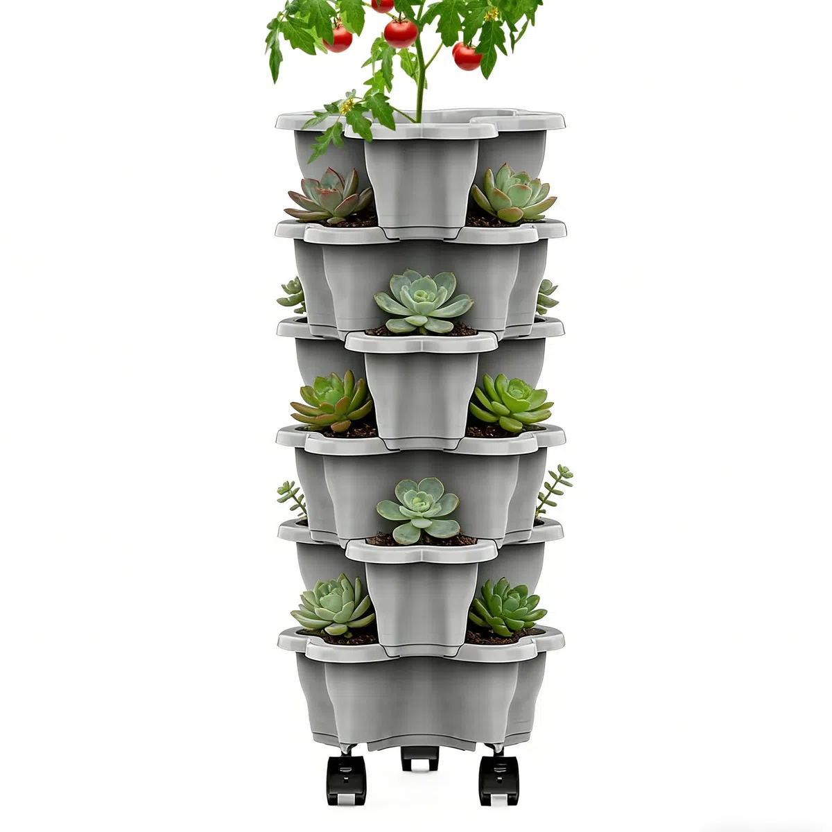 Generico Pianta di fragole - Supporto impilabile a 6 livelli 25x10 cm | Giardino verticale mobile con ruote rotanti - Vasi in ABS | Fioriera verticale - Serra per patio domestico, balcone, interno,