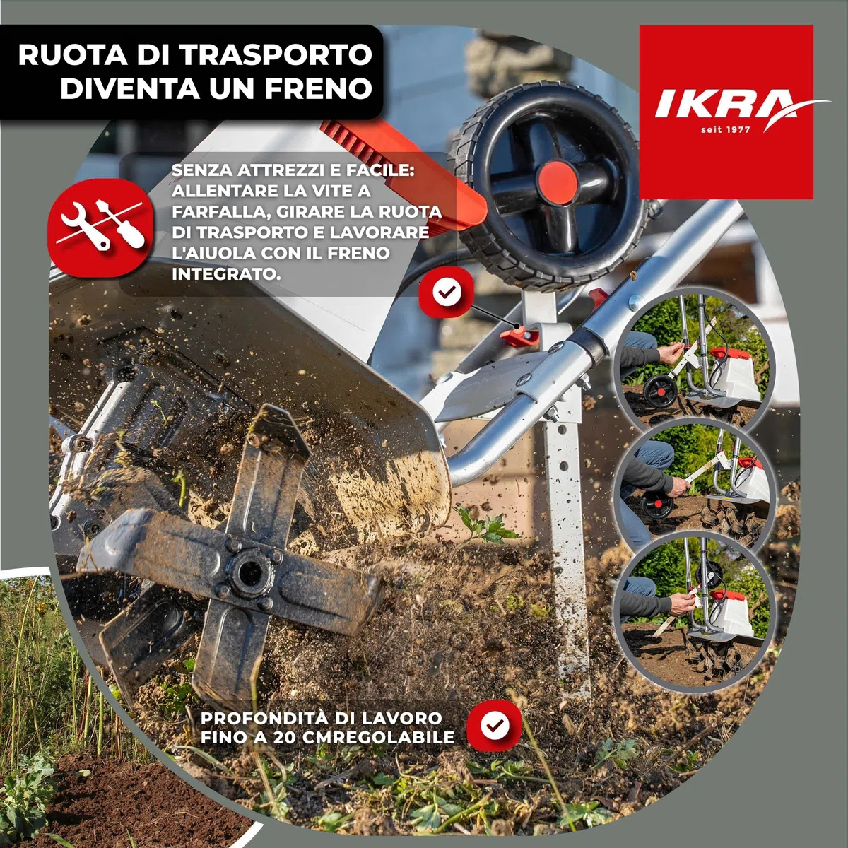 IKRA motozappa elettrica IEM 1500, larghezza regolabile 32 e 45 cm | Prepara il terreno alla semina, 1500W, 20 cm, sperone frenante, ruota trasporto, pieghevole, protezione sovraccarico