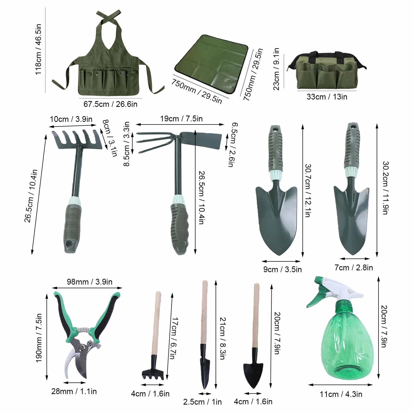 Tosuny Set di Attrezzi da Giardino con Manico Antiscivolo, Pala, Rastrello, Cesoie da Potatura, Bottiglia Spray, Grembiule da Giardinaggio, Tappetino e Custodia, Kit da Giardinaggio Resistente per