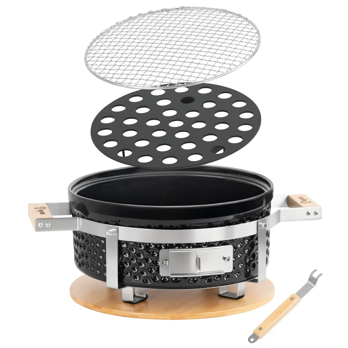 BBQ-Toro Barbecue da tavolo in ceramica, rotondo, diametro 29,5 cm, con base in legno, Hibachi, barbecue in ceramica, barbecue a carbonella, barbecue da tavolo senza elettricità, raclette giapponese