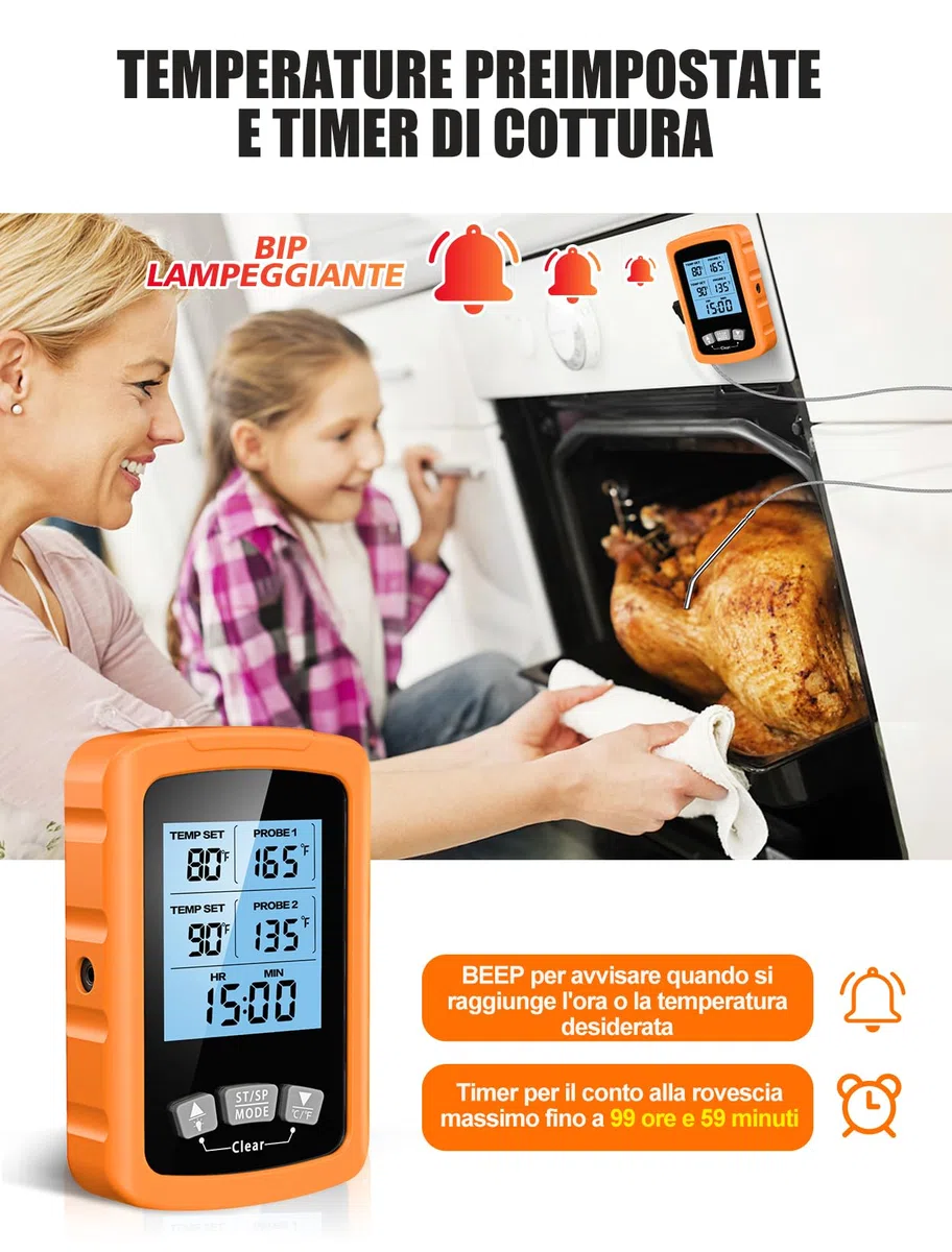 CIRYCASE Termometro Cucina Doppia Sonda 16.3cm, Termometri Barbecue Lettura Rapida & Precisa, Termometri da Vino Forno Auto Spegnimento con Schermo LCD Digitale e Impostazione Allarme per BBQ Grill