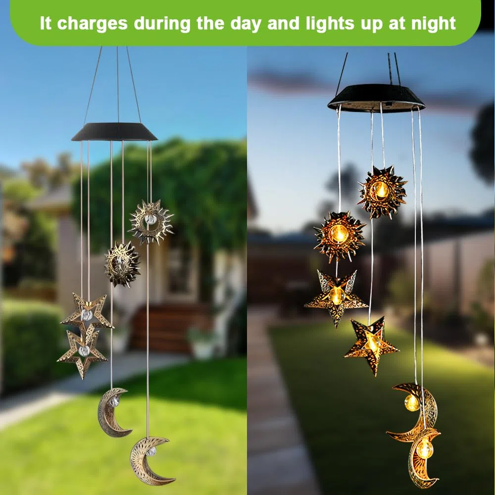 Campane a Vento Solare con Stelle Sole Luna, Campane a Vento Solari Esterno LED, Decorazione da Giardino con Luci Sospese per Cortile, Prato, Sentieri, Balcone, Terrazza, Decorazione per Feste