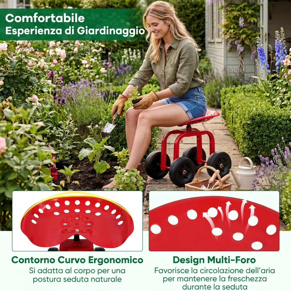 COSTWAY Sgabello con Ruote per Giardinaggio, Sedile con Ruote Regolabile in Altezza e Portatile, Seggiolino da Giardino, Prato e Cortile, Portata 150kg (Rosso)