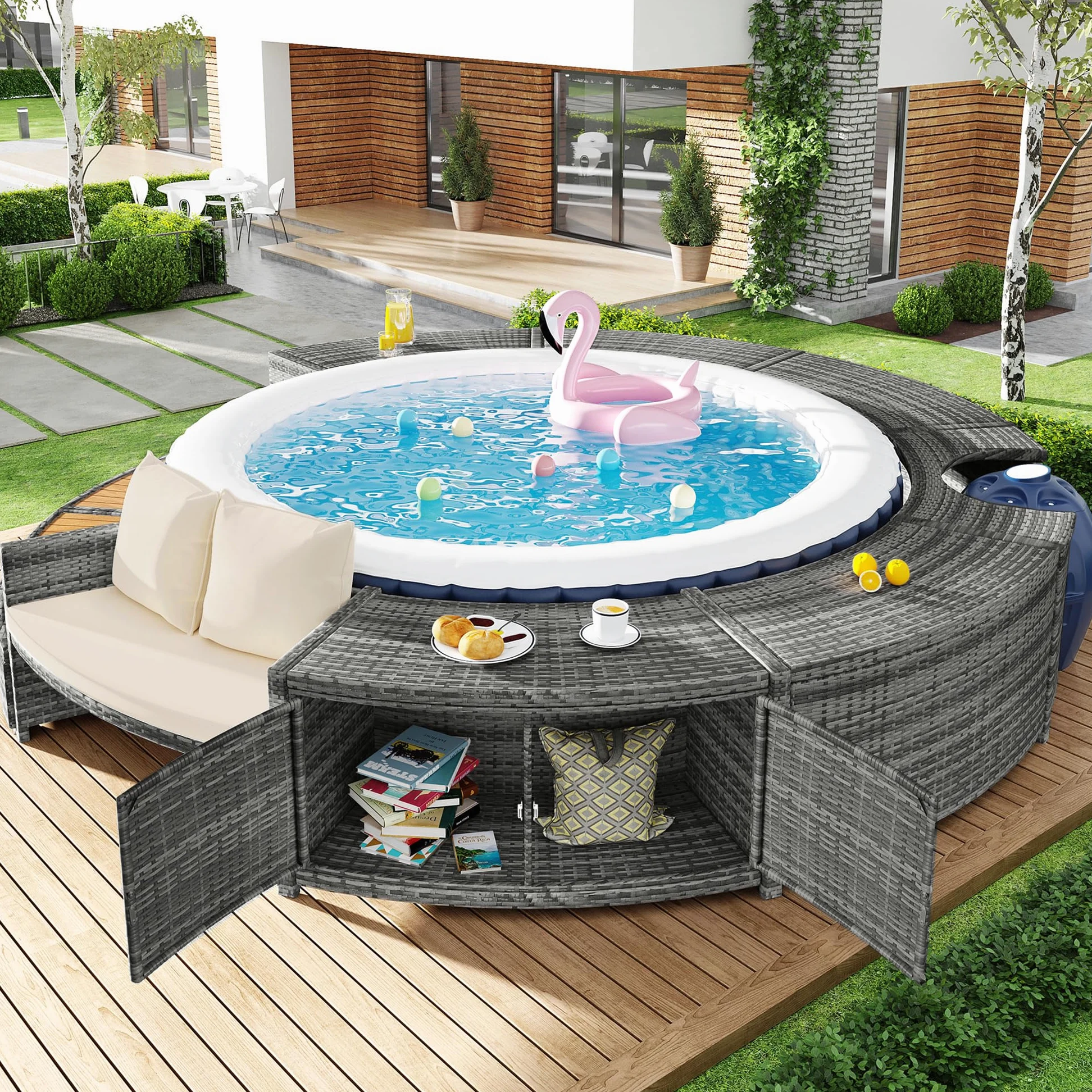 Shye Set da giardino con divano rotondo, set di mobili da giardino, set da salotto per vasca idromassaggio e piscina, con gambe regolabili, include cuscini, mobili per patio, giardino o piscina