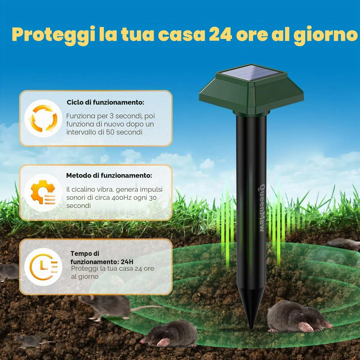 Dissuasori per Talpe Ultrasuoni 4 Pezzi, Scaccia Talpe Solare per il Giardino in Cortile, 700 M² Impermeabile Esterni Repellente per Gatti, Anti Ratto Coniglio Scoiattolo Procione Serpente
