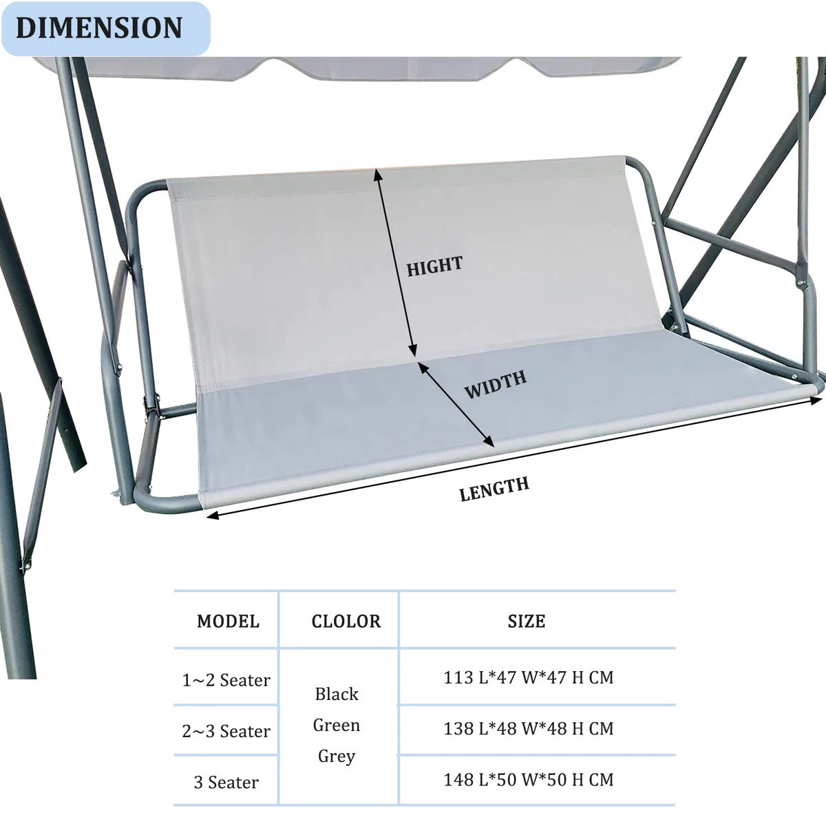 Copertura di ricambio per dondolo da giardino, in tessuto Oxford 600D, resistente e 600D, per dondolo da esterno, universale, 138x48x48 cm, colore: grigio