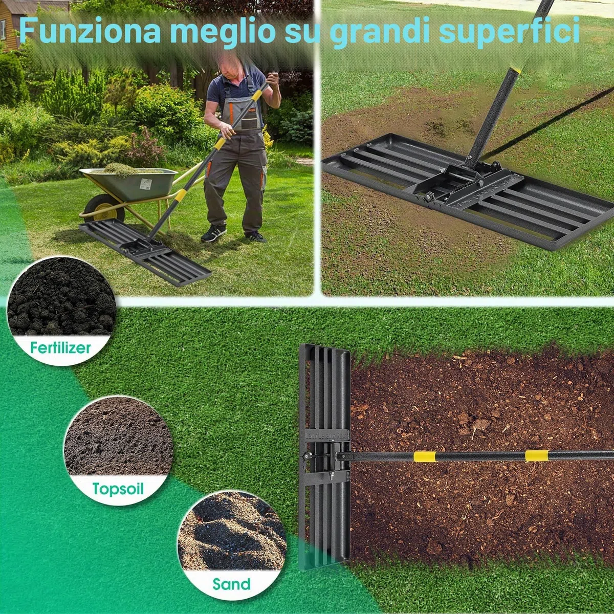 Rastrello per prato per livellamento, in acciaio inox, 157 cm, giardino, cortile