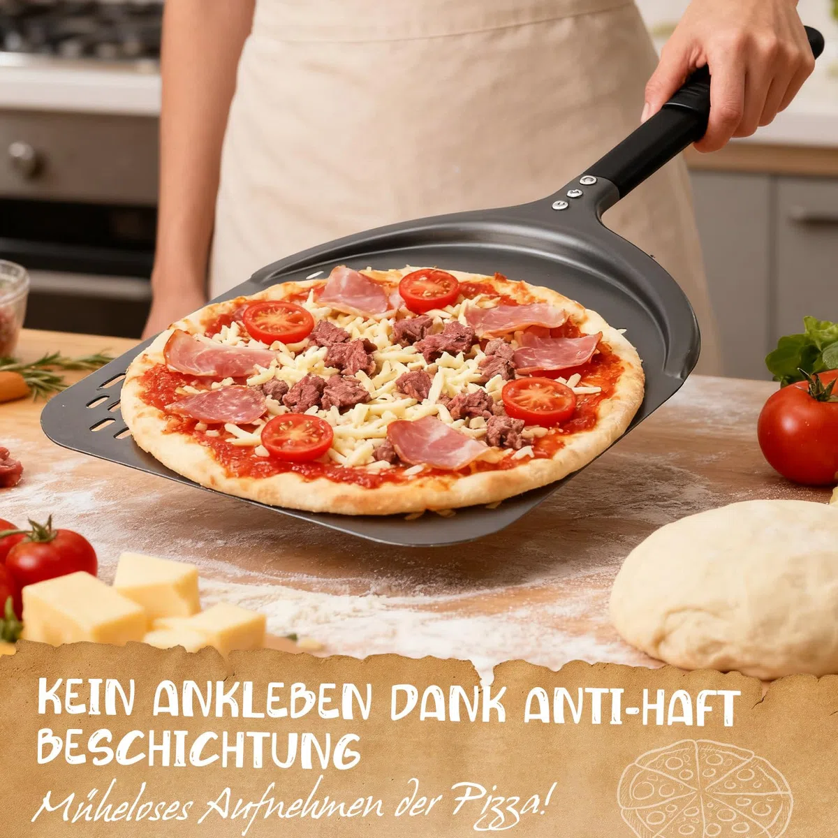 Pala per pizza [38,5 x 30,5 x 72,5 cm), pala per pizza in alluminio nero, non si attacca grazie al rivestimento antiaderente per forno e pietra per pizza