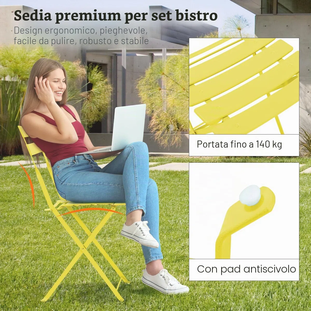 LIFERUN Set da Bistrot Pieghevole 3 Pezzi, Tavolo da Giardino Bistrot in Metallo, 1 Tavolo e 2 Sedie per Piccoli Balconi, Resistente alle Intemperie, per Balcone, Giardino e Terrazzo, Giallo