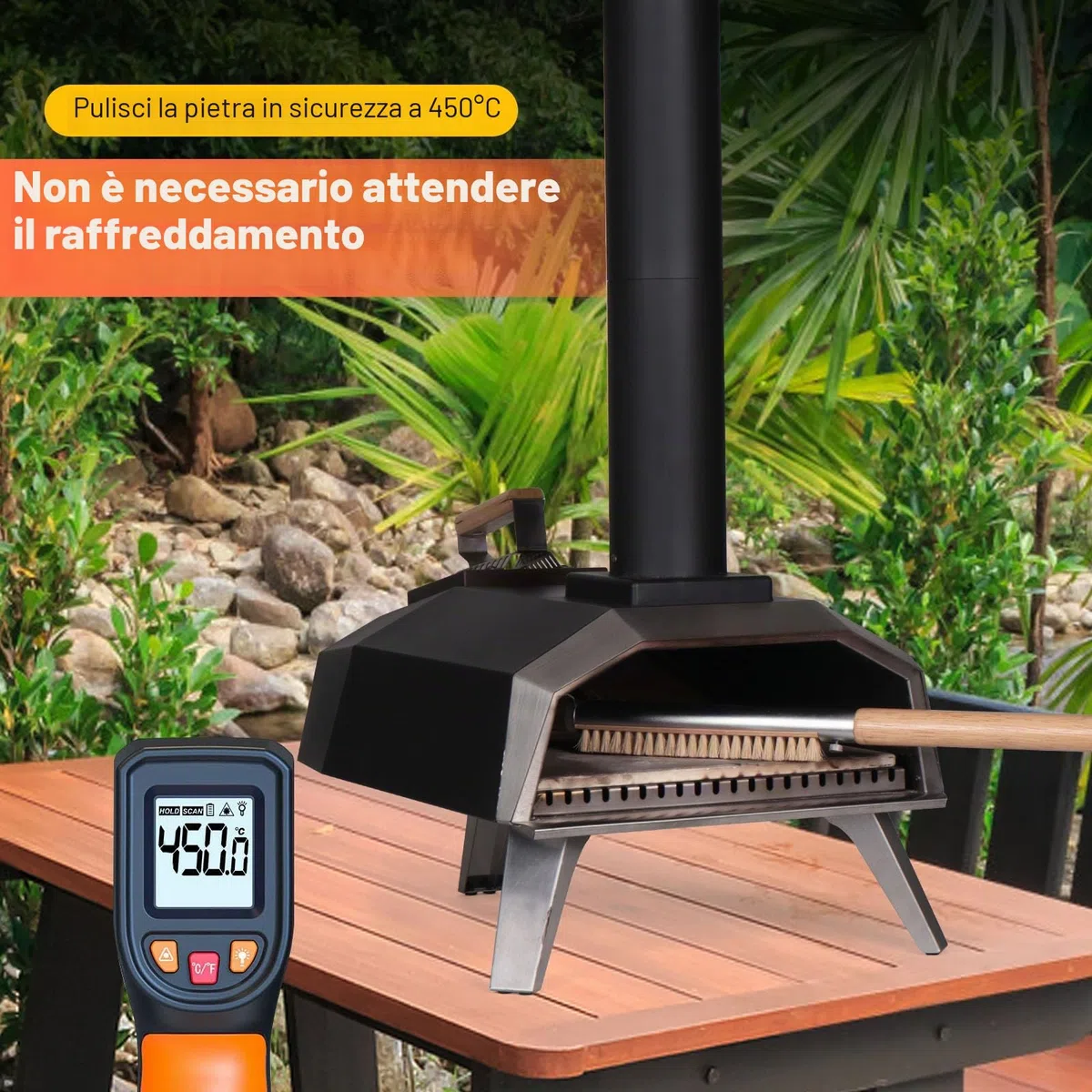 Spazzola da forno per pizza con raschietto, 52 cm, setole naturali per la pulizia delle pietre per pizza, manico in legno