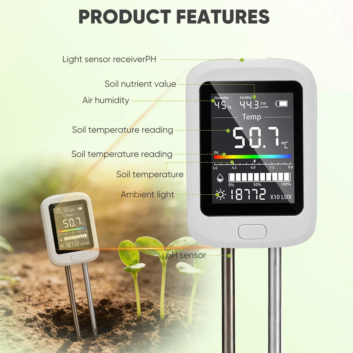 6-In-1 Misuratore del Terreno,Misuratore di Umidità per Piante,Sensore di Umidità del Suolo,Misuratore del PH del Terreno,Igrometro per Piante e Tester del Terreno per Prato,Giardino e Piante in Vaso