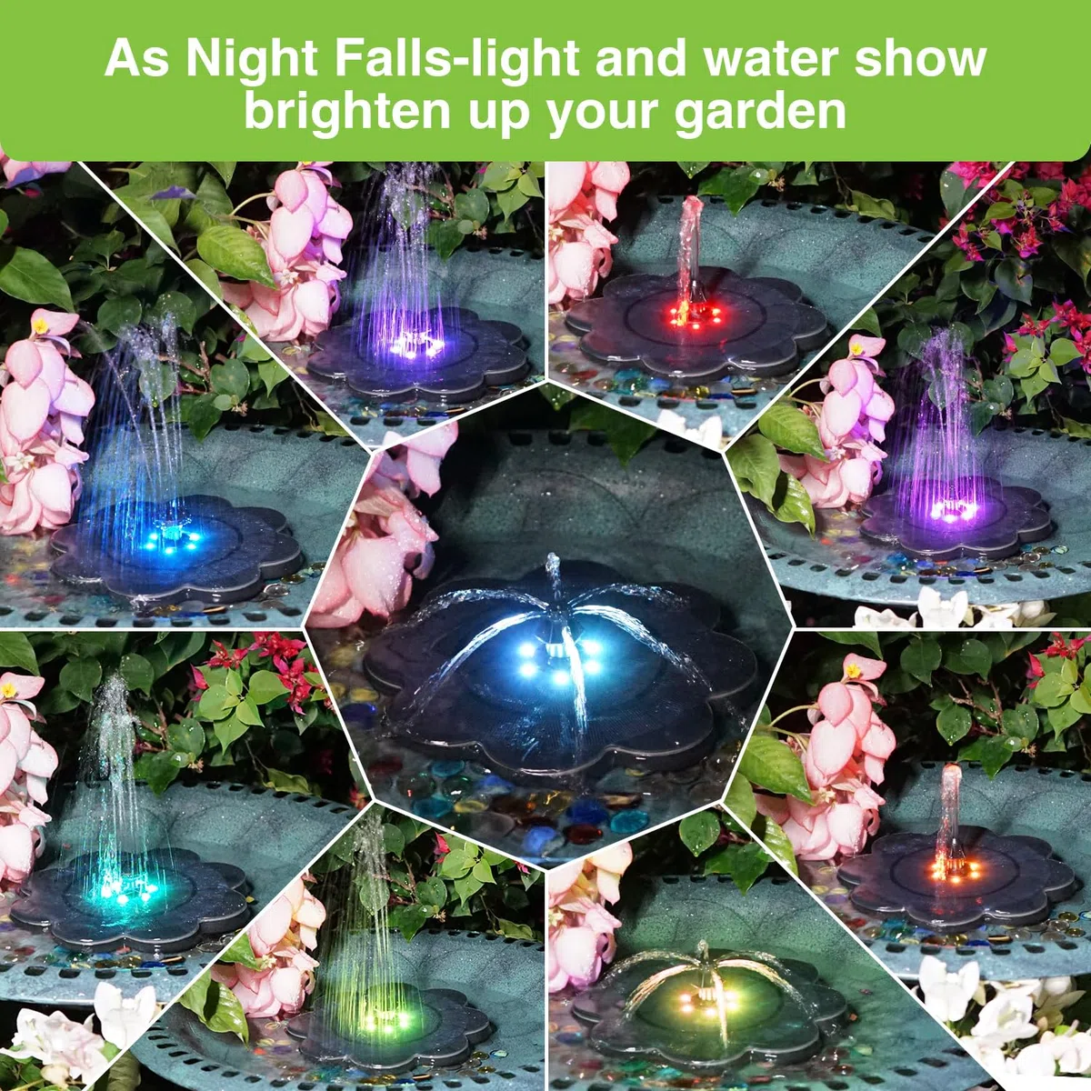 SZMP Fontana Solare Colorato LED, 3.5W Vetro Pompa ad Acqua Solare Fontana, 2000mAh Batteria, 7 Ugelli & 4 Fissatori Esterno Pompa per Laghetto, Piscina, Acquario, Vaso dei Pesci e Bagno