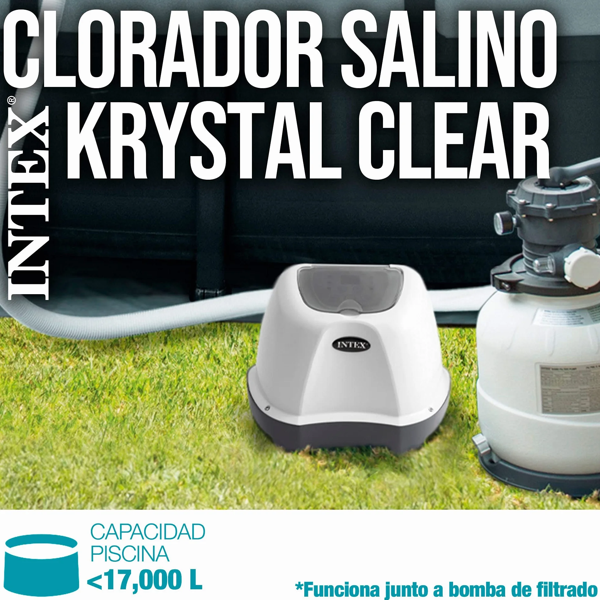 Intex 26664 - Generatore Salino di Cloro Krystal Clear, per Pompa Filtro 1136-3785 L/h, Produzione Cloro 4 g/h, per Piscine Piccole fino a 17413 L, Plastica, Bianco